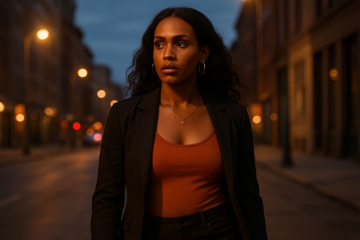 Confident trans woman walking alone on a city street at dusk, looking alert but calm. Subtle glow, warm tones. she is from east africa,