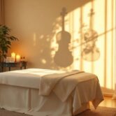 Professional massage therapy room with violin element, cinematic lighting, emotional atmosphere, warm golden hour lighting streaming through sheer curtains,