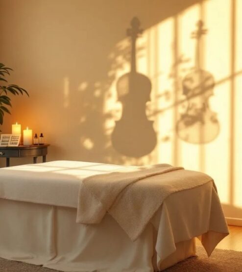 Professional massage therapy room with violin element, cinematic lighting, emotional atmosphere, warm golden hour lighting streaming through sheer curtains,