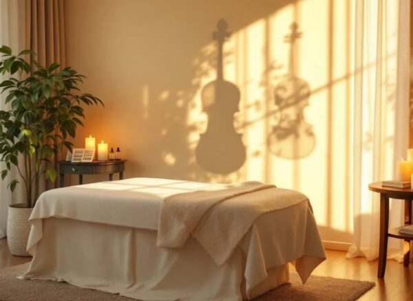 Professional massage therapy room with violin element, cinematic lighting, emotional atmosphere, warm golden hour lighting streaming through sheer curtains,