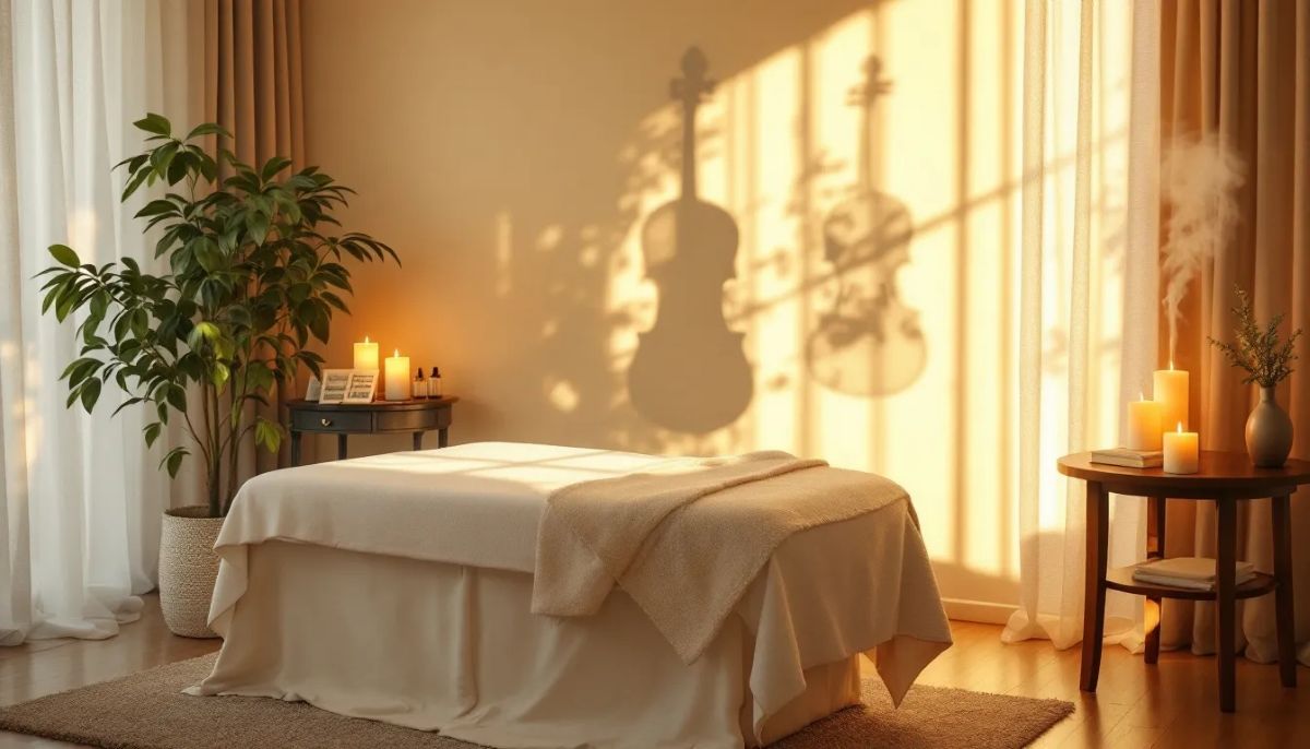 Professional massage therapy room with violin element, cinematic lighting, emotional atmosphere, warm golden hour lighting streaming through sheer curtains,