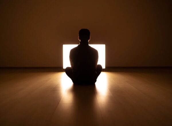 Person sitting in meditative pose with warm light, reflecting calm and safety during somatic trauma therapy.